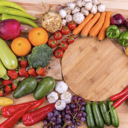 fruits-and-vegetables-arranged-on-wooden-table